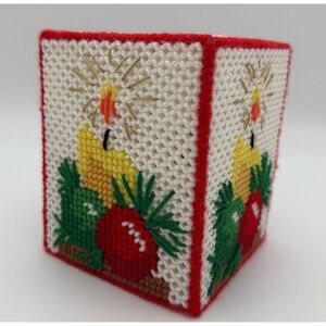 Vintage Needlepoint Tissue Cover Box Christmas  Plastic Canvas Finished